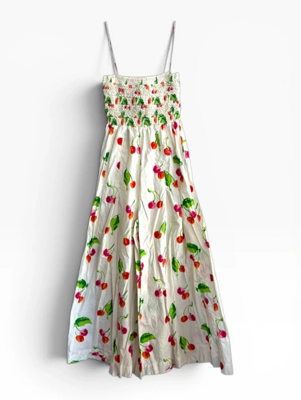 S/W/F Cherry Bomb Wide-Leg Jumpsuit Smocked Cotton Anthropologie L Large